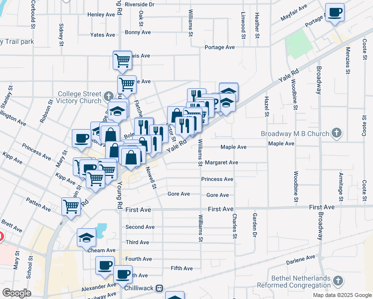map of restaurants, bars, coffee shops, grocery stores, and more near in Chilliwack