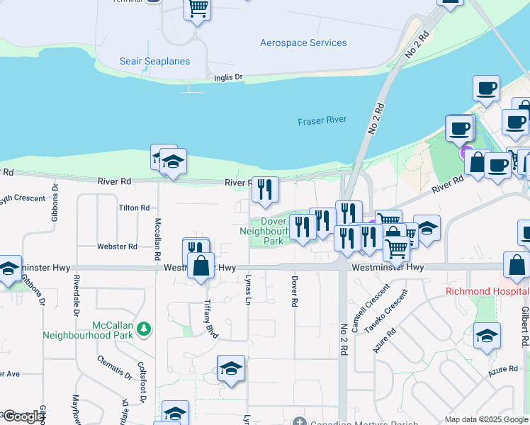 map of restaurants, bars, coffee shops, grocery stores, and more near in Richmond