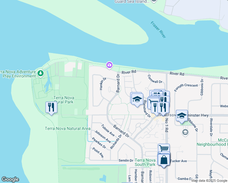 map of restaurants, bars, coffee shops, grocery stores, and more near 5595 Barnard Place in Richmond