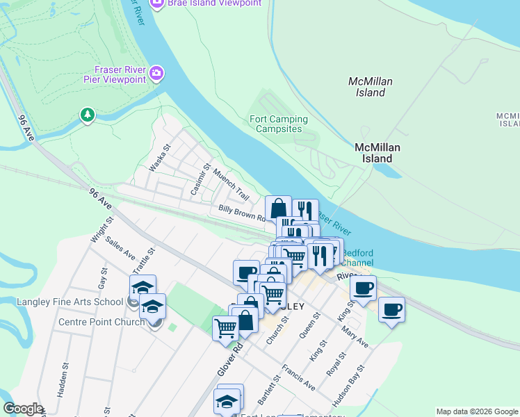 map of restaurants, bars, coffee shops, grocery stores, and more near 23215 Billy Brown Road in Langley Township