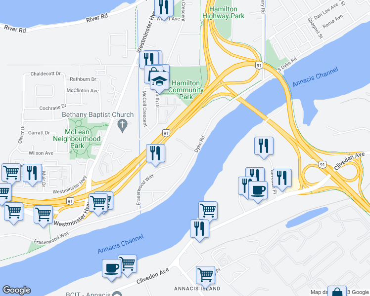 map of restaurants, bars, coffee shops, grocery stores, and more near 23288 Fraserwood Way in Richmond