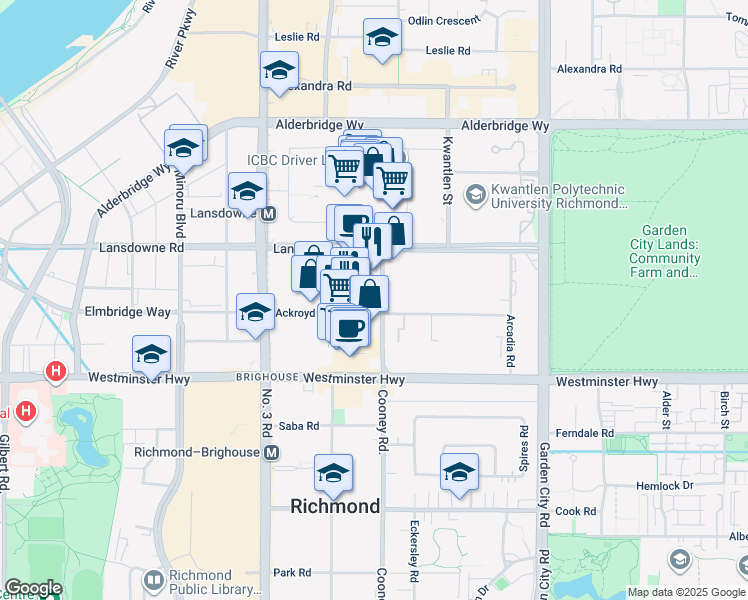 map of restaurants, bars, coffee shops, grocery stores, and more near 5611 Cooney Road in Richmond