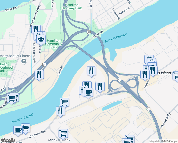 map of restaurants, bars, coffee shops, grocery stores, and more near 2 Cliveden Place in Delta