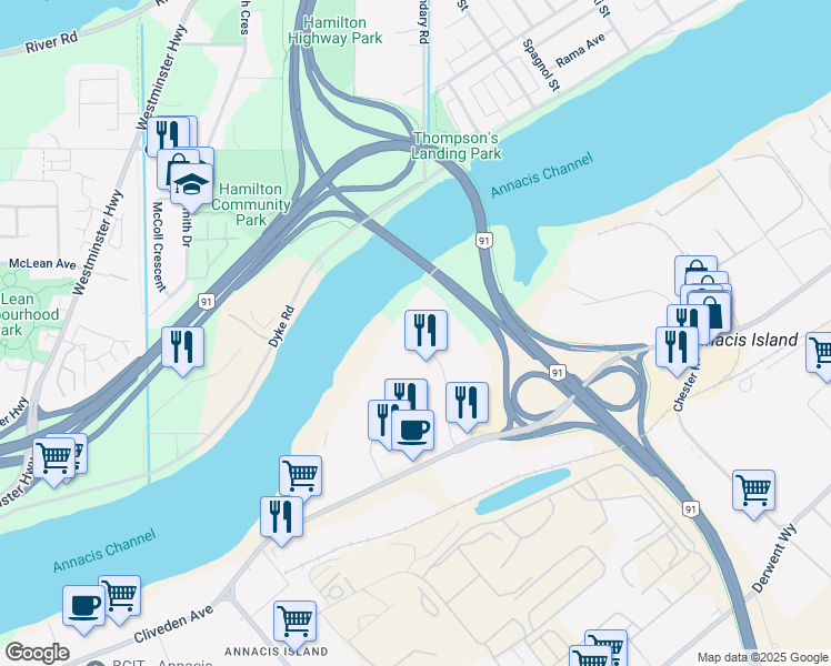 map of restaurants, bars, coffee shops, grocery stores, and more near 2 Cliveden Place in Delta
