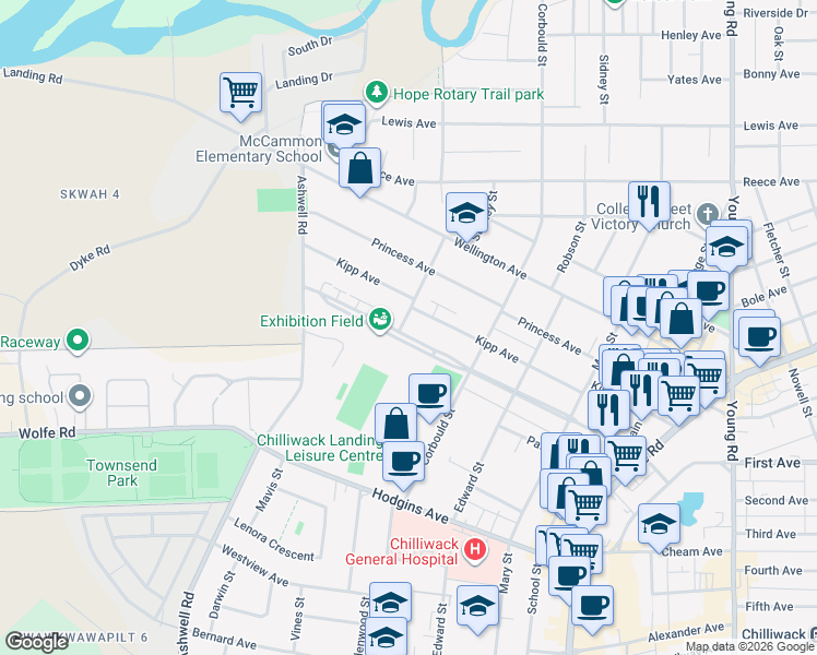 map of restaurants, bars, coffee shops, grocery stores, and more near 9370 Stanley Street in Chilliwack