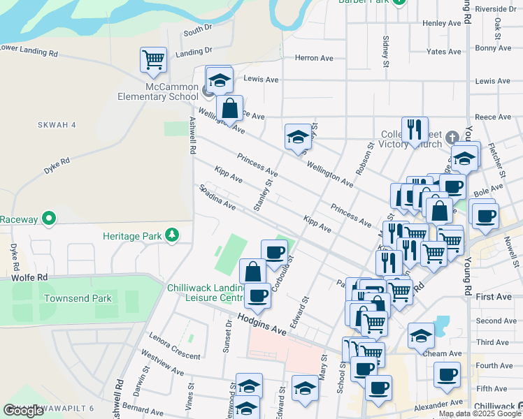 map of restaurants, bars, coffee shops, grocery stores, and more near 9370 Stanley Street in Chilliwack