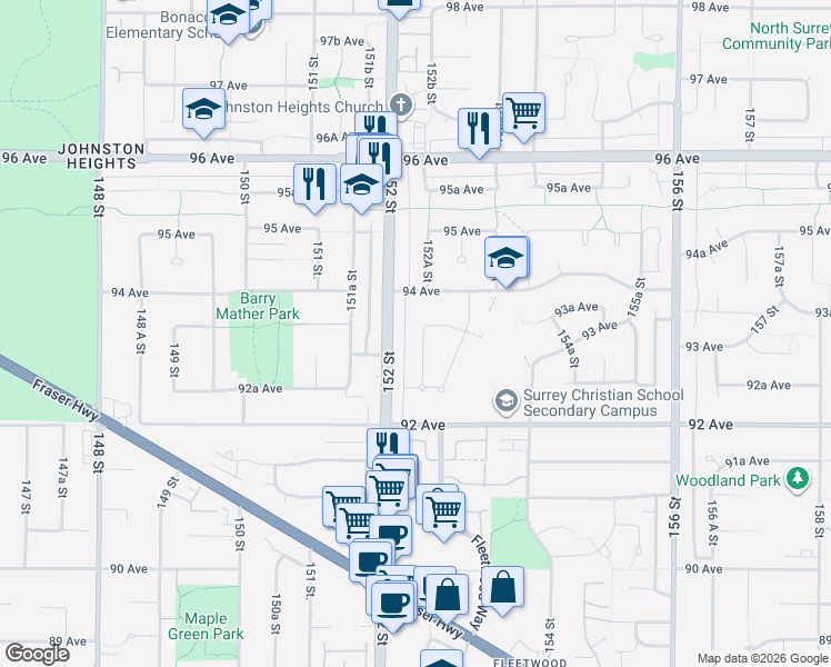 map of restaurants, bars, coffee shops, grocery stores, and more near 9335 152A Street in Surrey