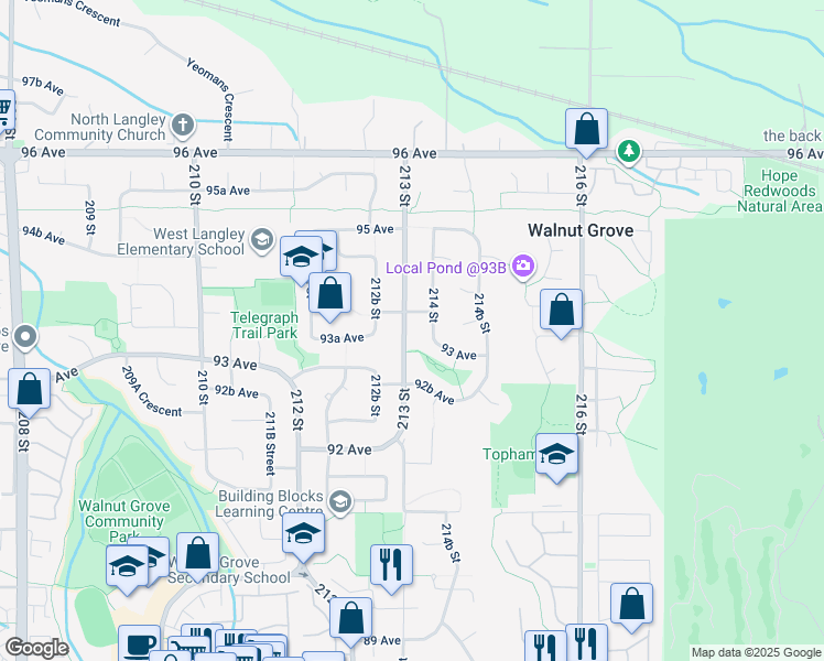 map of restaurants, bars, coffee shops, grocery stores, and more near 9358 213 Street in Langley Township