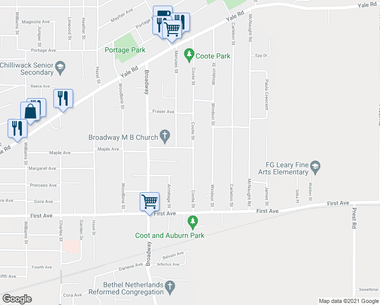 map of restaurants, bars, coffee shops, grocery stores, and more near 9385 Coote Street in Chilliwack