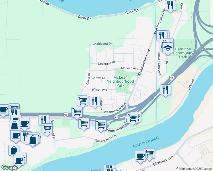 map of restaurants, bars, coffee shops, grocery stores, and more near 22260 Garratt Drive in Richmond