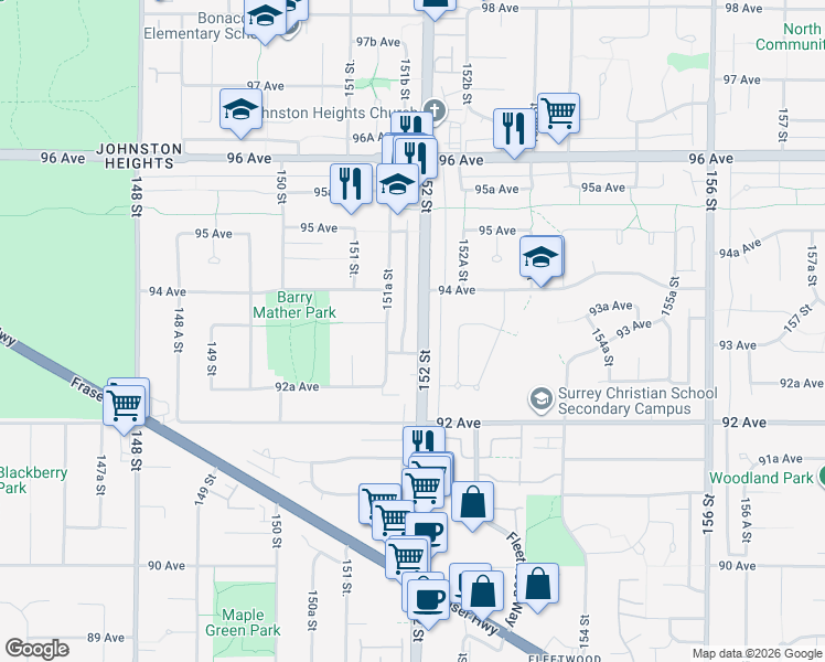 map of restaurants, bars, coffee shops, grocery stores, and more near 9335 152 Street in Surrey