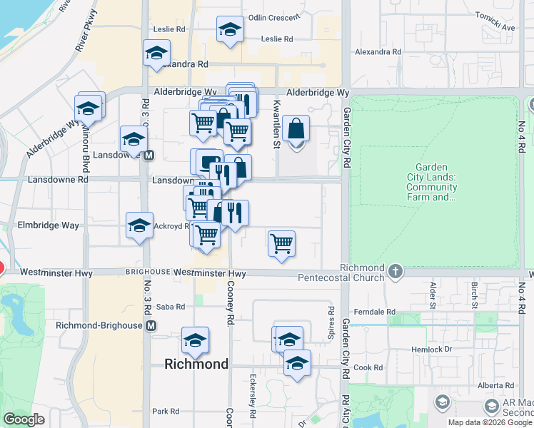 map of restaurants, bars, coffee shops, grocery stores, and more near 8511 Ackroyd Road in Richmond