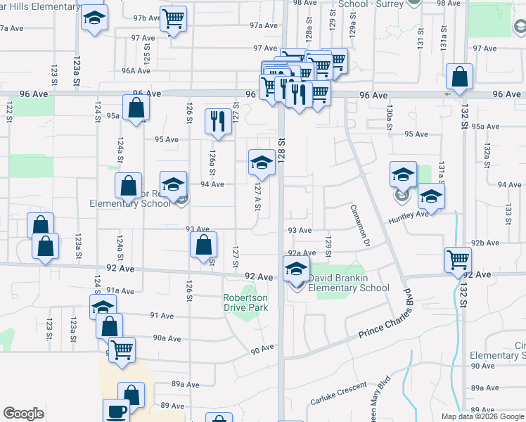map of restaurants, bars, coffee shops, grocery stores, and more near 9340 127 A Street in Surrey