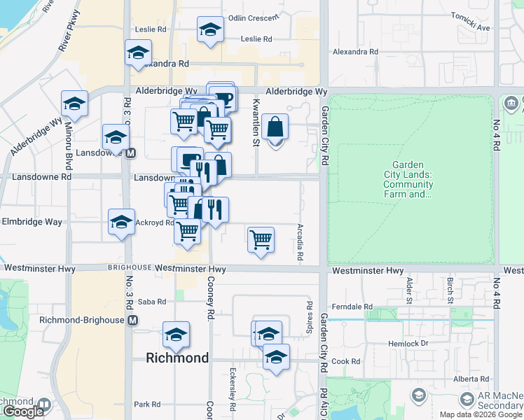 map of restaurants, bars, coffee shops, grocery stores, and more near 8600 Lansdowne Road in Richmond