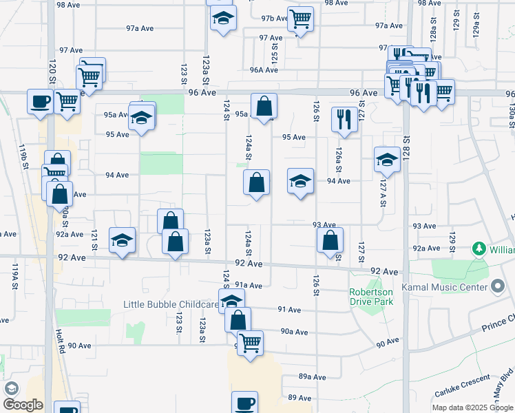 map of restaurants, bars, coffee shops, grocery stores, and more near 12462 93A Avenue in Surrey
