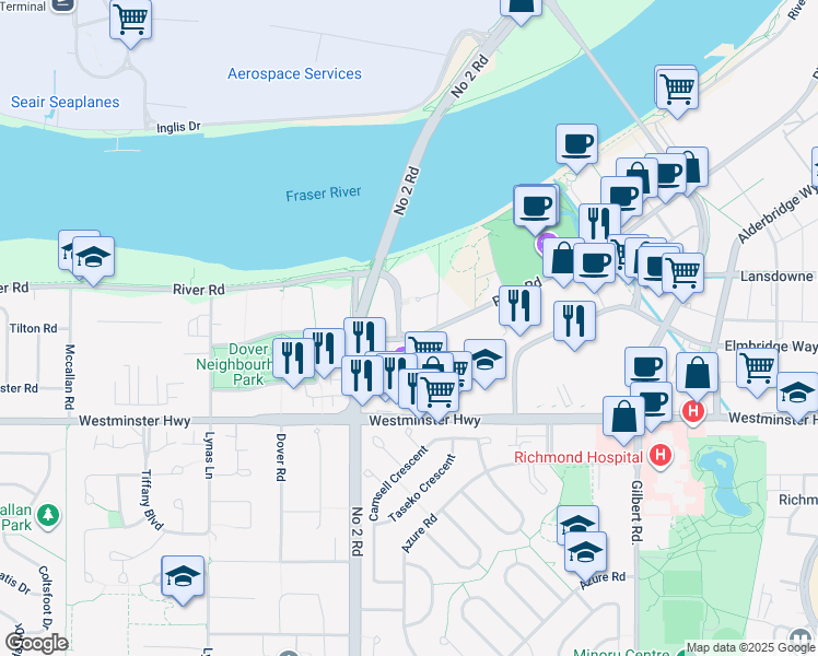 map of restaurants, bars, coffee shops, grocery stores, and more near in Richmond