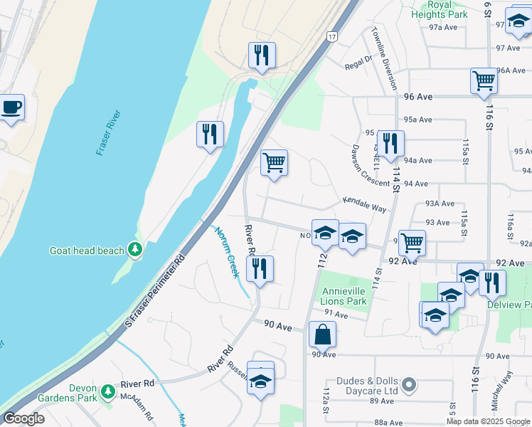 map of restaurants, bars, coffee shops, grocery stores, and more near 9300 Ebor Road in Delta
