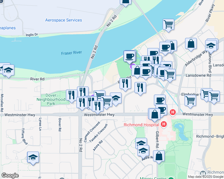 map of restaurants, bars, coffee shops, grocery stores, and more near in Richmond