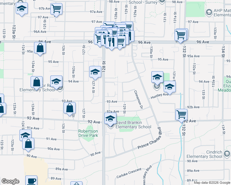 map of restaurants, bars, coffee shops, grocery stores, and more near 9348 128 Street in Surrey