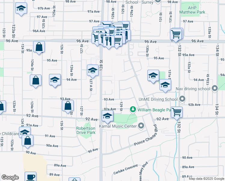 map of restaurants, bars, coffee shops, grocery stores, and more near 9348 128 Street in Surrey