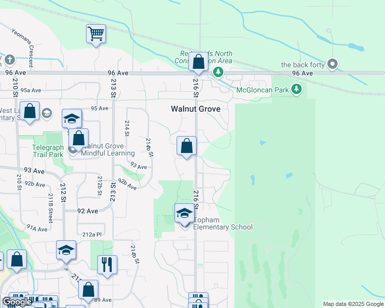 map of restaurants, bars, coffee shops, grocery stores, and more near 21591 93A Avenue in Langley Township