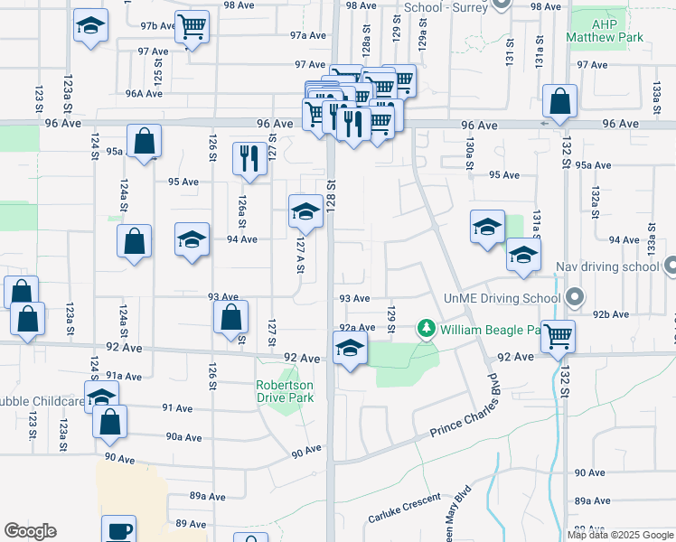 map of restaurants, bars, coffee shops, grocery stores, and more near 9342 128 Street in Surrey