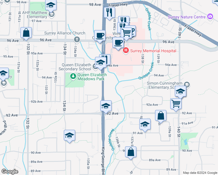 map of restaurants, bars, coffee shops, grocery stores, and more near in Surrey
