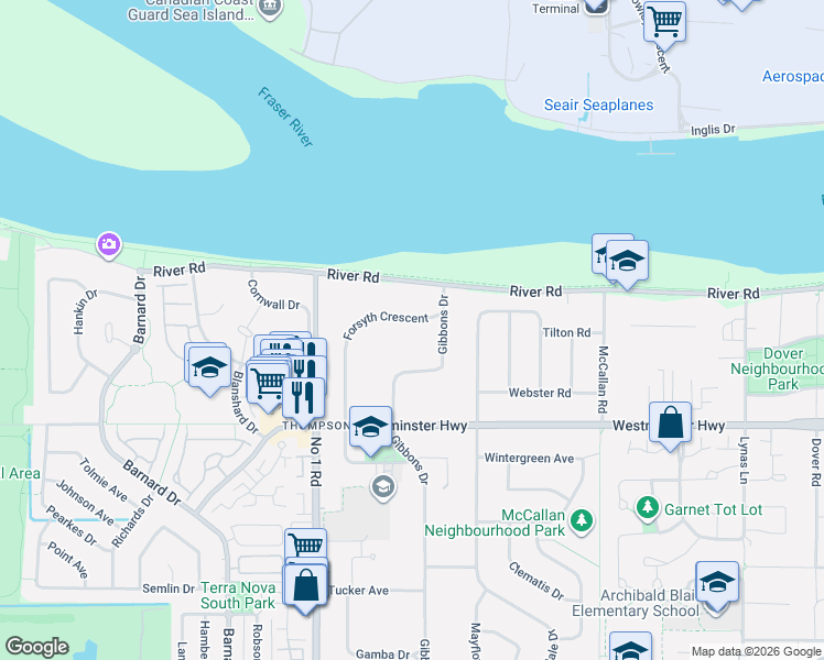 map of restaurants, bars, coffee shops, grocery stores, and more near 5680 Forsyth Crescent in Richmond