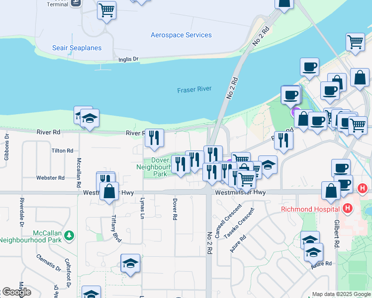 map of restaurants, bars, coffee shops, grocery stores, and more near 5880 Dover Crescent in Richmond