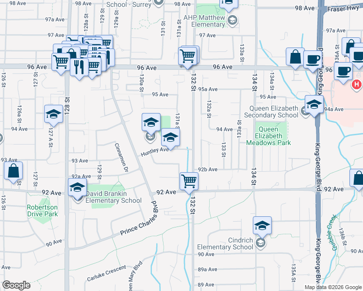 map of restaurants, bars, coffee shops, grocery stores, and more near 6010 131A Street in Surrey