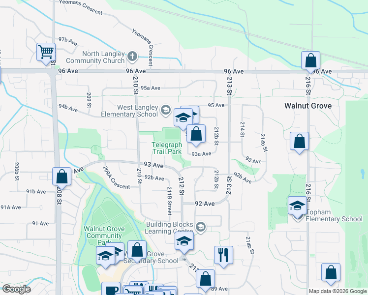 map of restaurants, bars, coffee shops, grocery stores, and more near 9369 212 Street in Langley