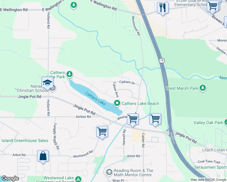map of restaurants, bars, coffee shops, grocery stores, and more near 217 Tahoe Avenue in Nanaimo