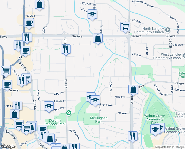map of restaurants, bars, coffee shops, grocery stores, and more near 20561 93A Avenue in Langley Township