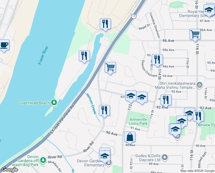 map of restaurants, bars, coffee shops, grocery stores, and more near 9320 Ebor Road in Delta