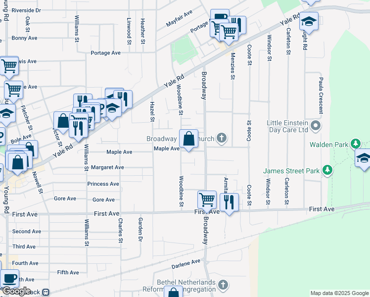 map of restaurants, bars, coffee shops, grocery stores, and more near 46505 Maple Avenue in Chilliwack