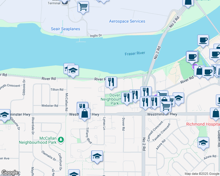 map of restaurants, bars, coffee shops, grocery stores, and more near 5900 Dover Crescent in Richmond