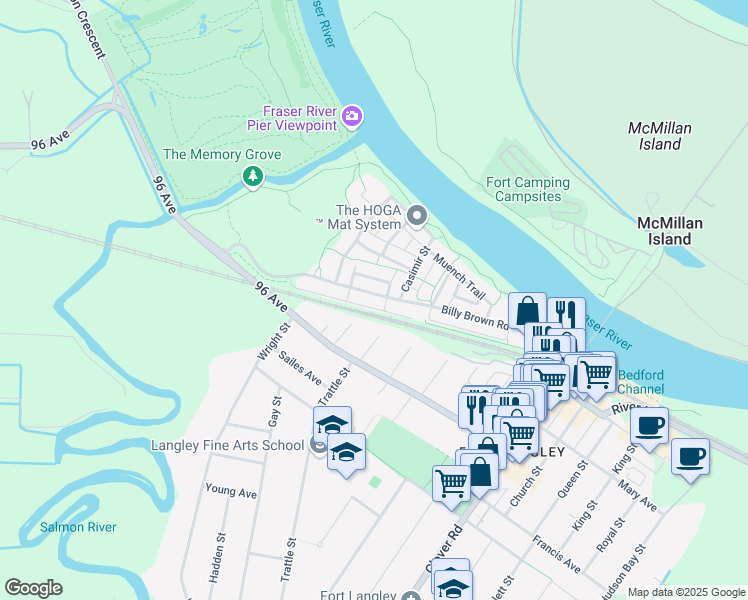 map of restaurants, bars, coffee shops, grocery stores, and more near 22976 Billy Brown Road in Langley