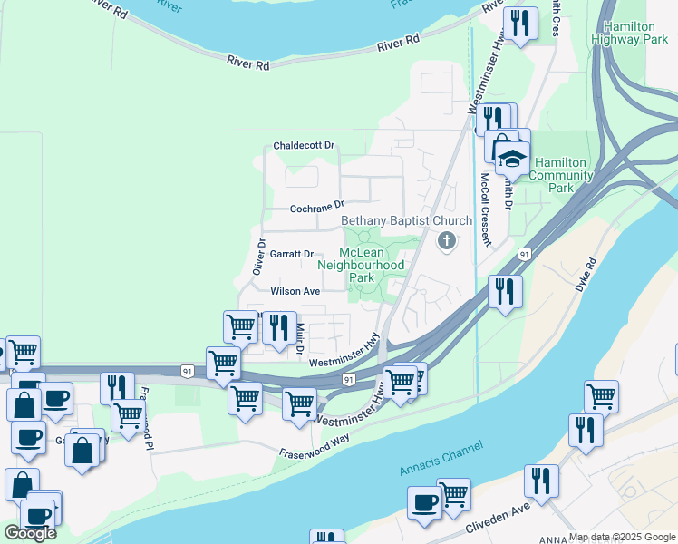 map of restaurants, bars, coffee shops, grocery stores, and more near 5611 McRae Street in Richmond