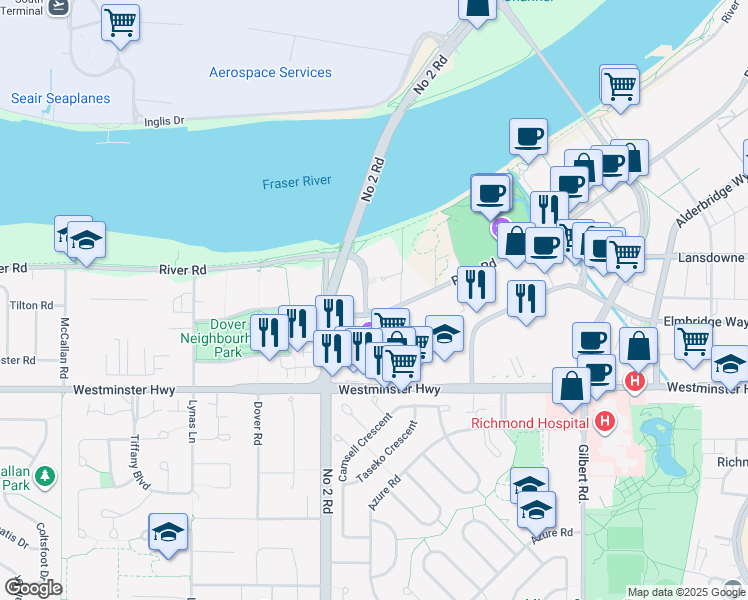 map of restaurants, bars, coffee shops, grocery stores, and more near in Richmond