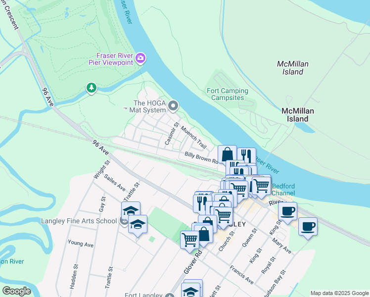 map of restaurants, bars, coffee shops, grocery stores, and more near 9352 Singh Street in Langley Township