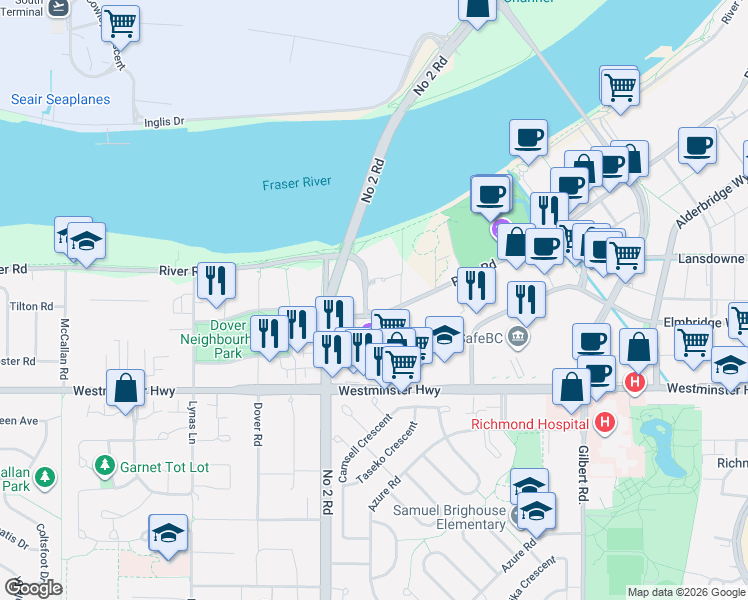 map of restaurants, bars, coffee shops, grocery stores, and more near 5177 Brighouse Way in Richmond