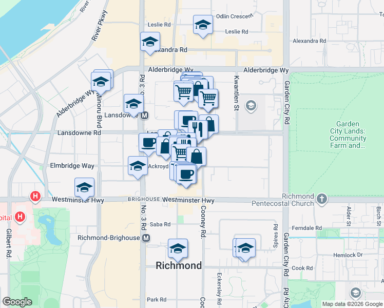 map of restaurants, bars, coffee shops, grocery stores, and more near 8288 Lansdowne Road in Richmond