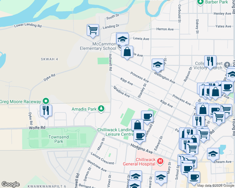 map of restaurants, bars, coffee shops, grocery stores, and more near 45413 Spadina Avenue in Chilliwack