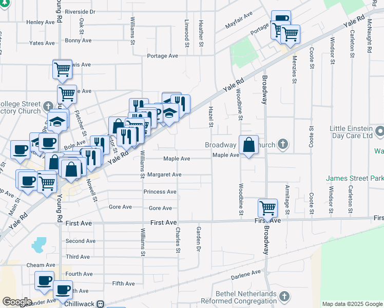 map of restaurants, bars, coffee shops, grocery stores, and more near 46339 Maple Avenue in Chilliwack