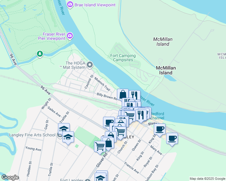 map of restaurants, bars, coffee shops, grocery stores, and more near 23165 Muench Trail in Langley Township