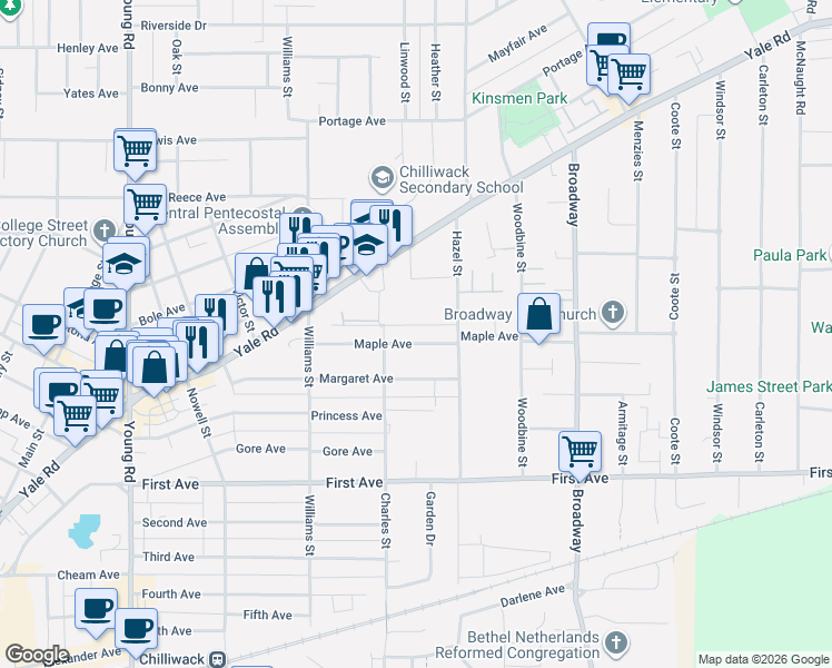 map of restaurants, bars, coffee shops, grocery stores, and more near 46339 Maple Avenue in Chilliwack