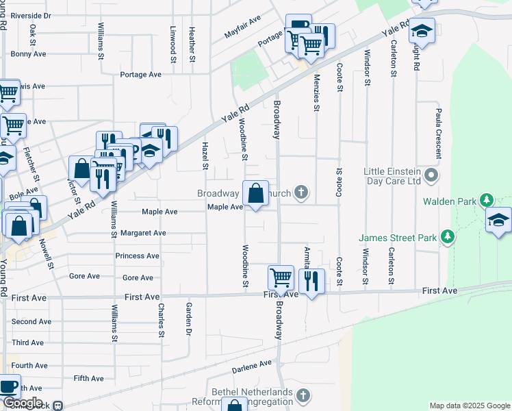 map of restaurants, bars, coffee shops, grocery stores, and more near 46517 Maple Avenue in Chilliwack