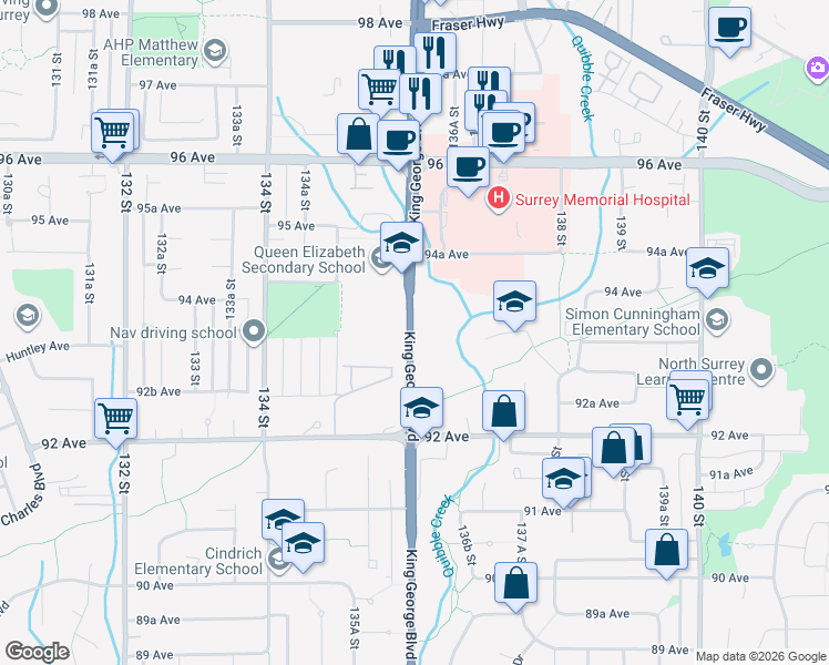 map of restaurants, bars, coffee shops, grocery stores, and more near 9310 King George Boulevard in Surrey