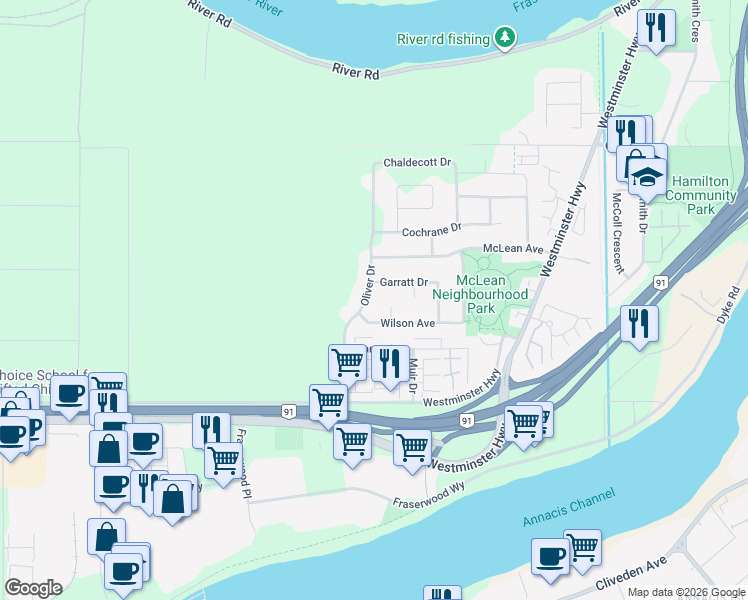 map of restaurants, bars, coffee shops, grocery stores, and more near 5680 Oliver Drive in Richmond