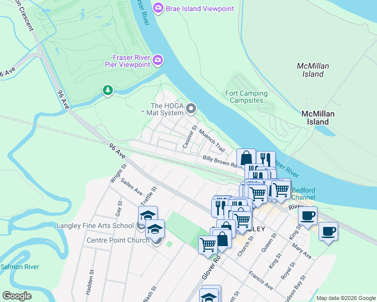 map of restaurants, bars, coffee shops, grocery stores, and more near 9374 Casimir Street in Langley